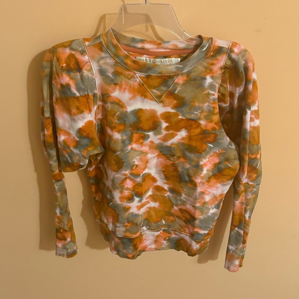 Marie Oliver orange, white, & green tie dye puff sleeve sweatshirt